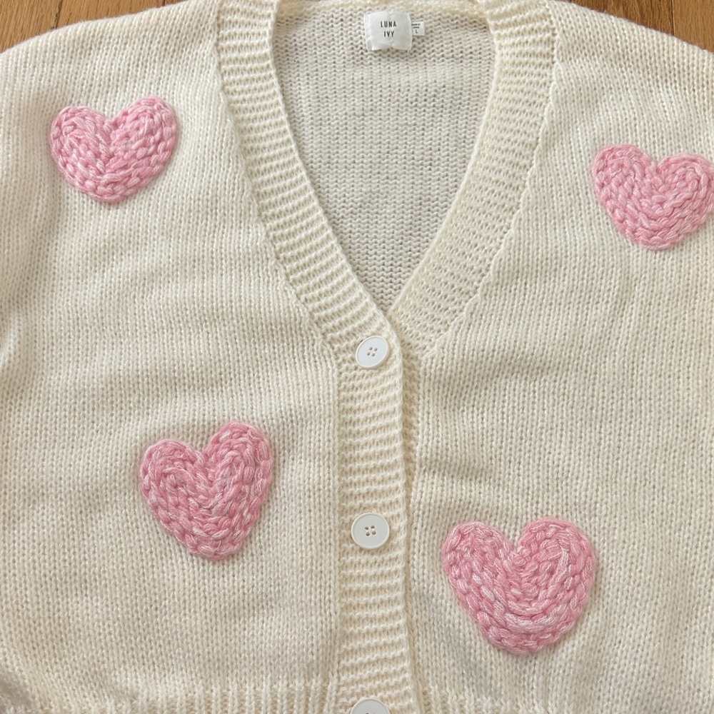New Luna Ivy Cream Cardigan with Pink Heart Accents in Size Large - Picture 4 of 6